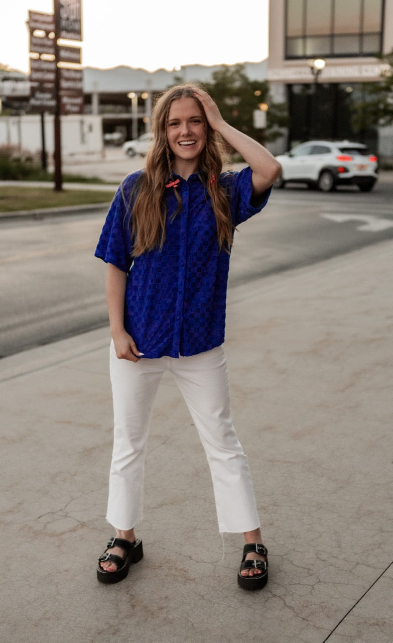 Midnight Checkered Button Up - Royal Blue