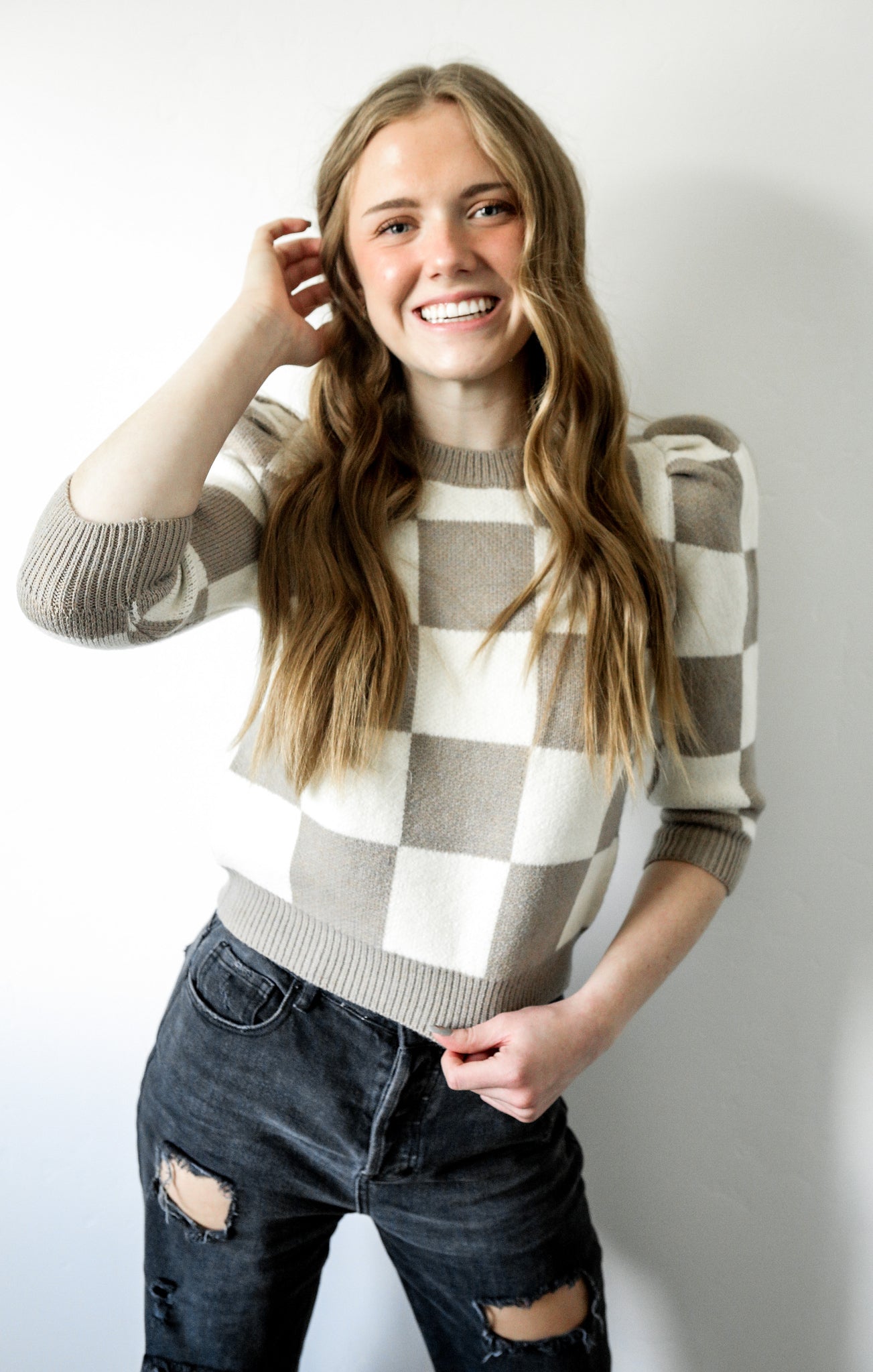 Avery Checkered Sweater - Taupe